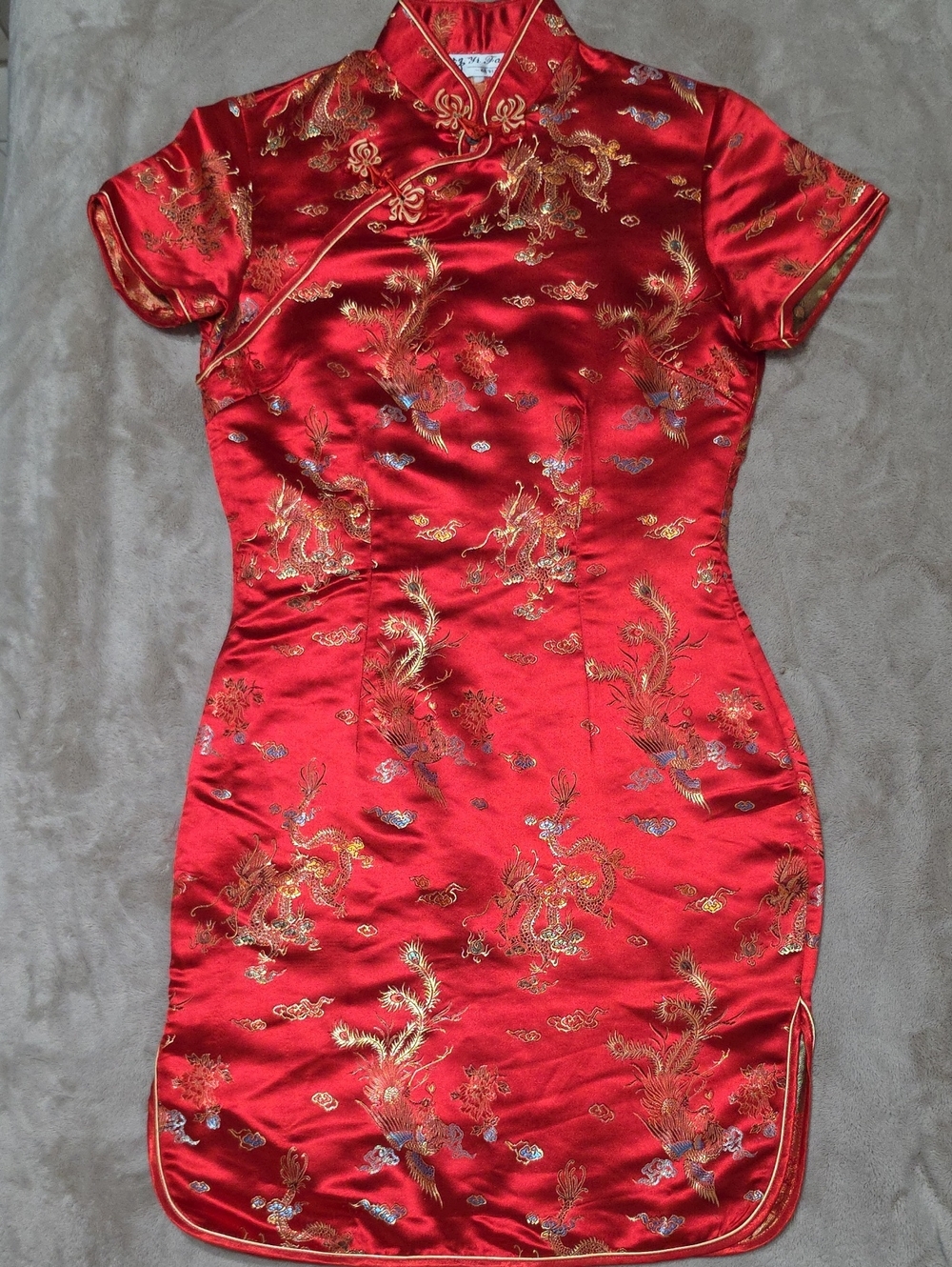 FANG Red Satin Embroidered Mini Qipao with Gold Accents